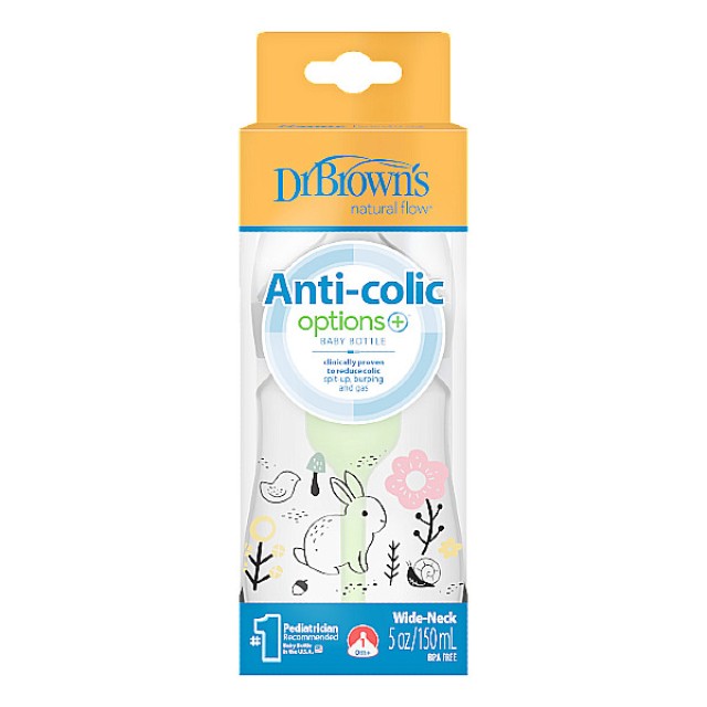 Dr. Brown's Anti-Colic Options+ Μπιμπερό Πλαστικό Με Φαρδύ Λαιμό Λαγουδάκι 150ml