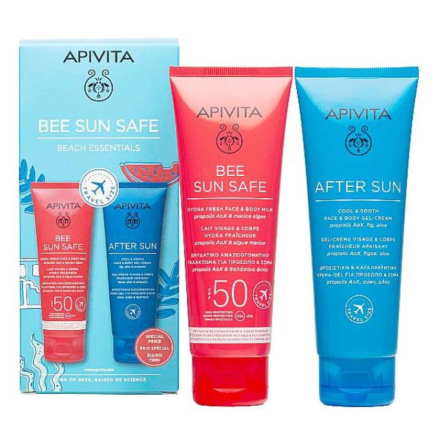 Apivita Bee Sun Safe Beach Essentials Hydra Fresh Face & Body Milk SPF50 Travel Size 100ml & Apivita After Sun Cool & Sooth Face & Body Gel-Cream Travel Size 100ml