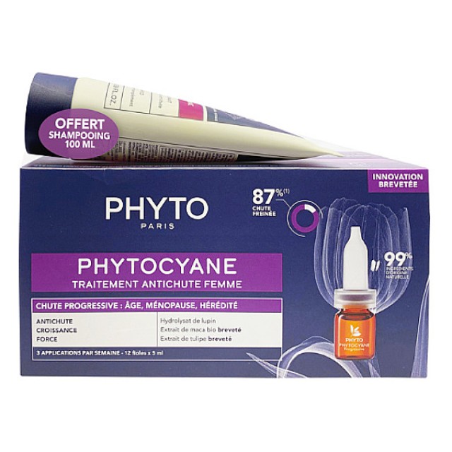 Phyto Phtyocyane Anti-Hair Loss Treatment for Progressive Hair Loss Vials 12x5ml & Invigorating Shampoo 100ml